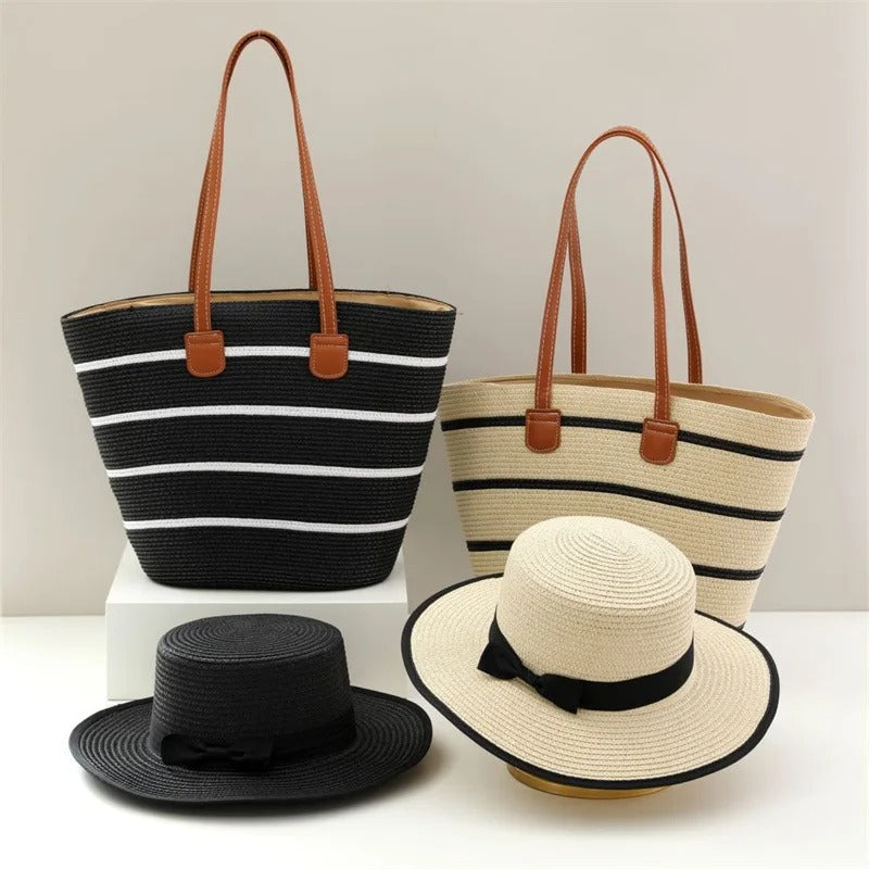 Conjunto Elegante de Bolsa e Chapéu de Palha Feminino